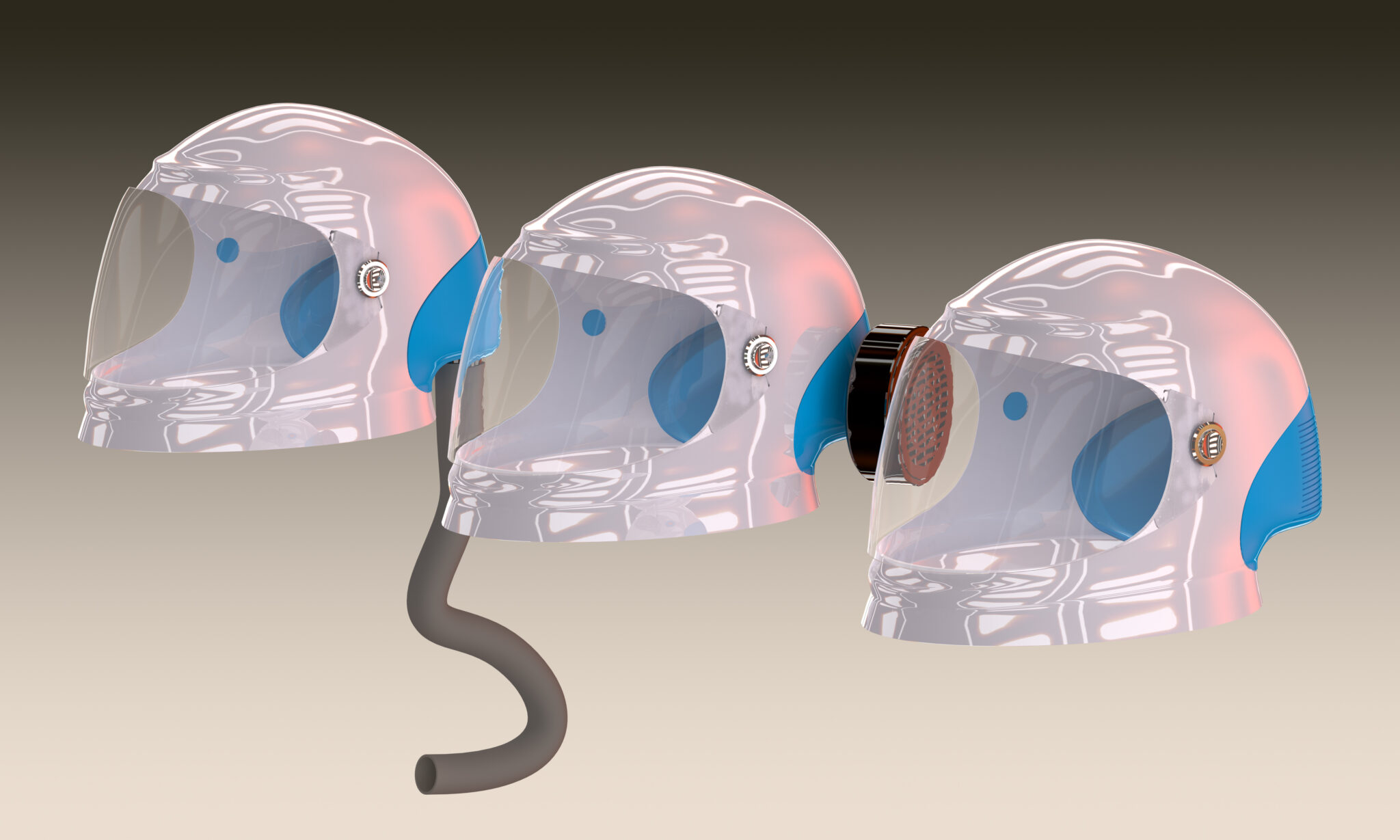 Rendering di tre configurazioni di casco con visiera e accessori di filtrazione